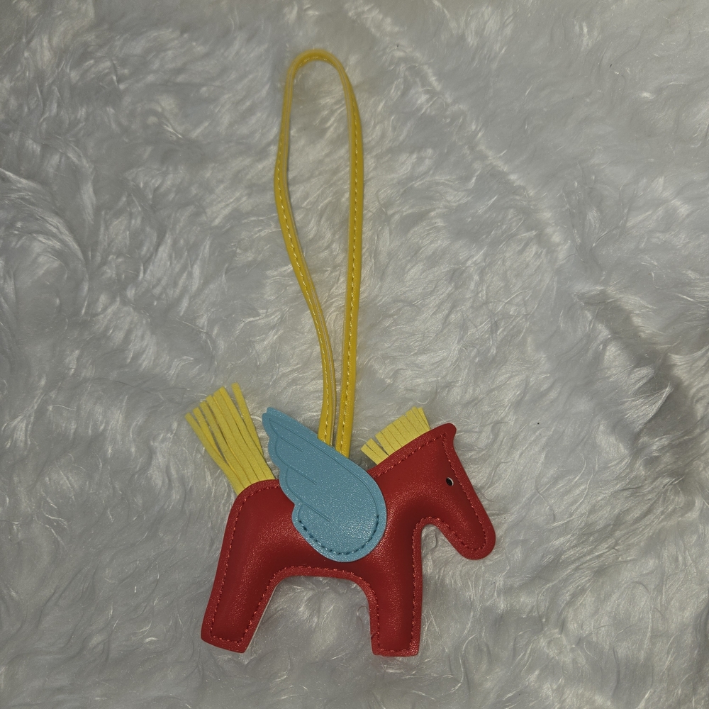 Red Pegasus Leather Bag Charm with Blue Wing and Yellow Strap